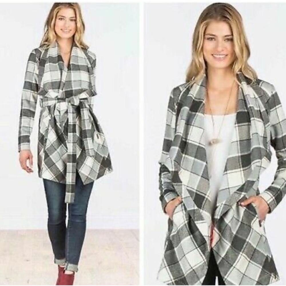 Matilda Jane Check It Twice Plaid Waterfall Open Front Tie Belted Jacket Coat